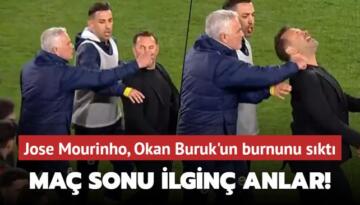 Maç sonu ilginç anlar! Jose Mourinho, Okan Buruk’un burnunu sıktı