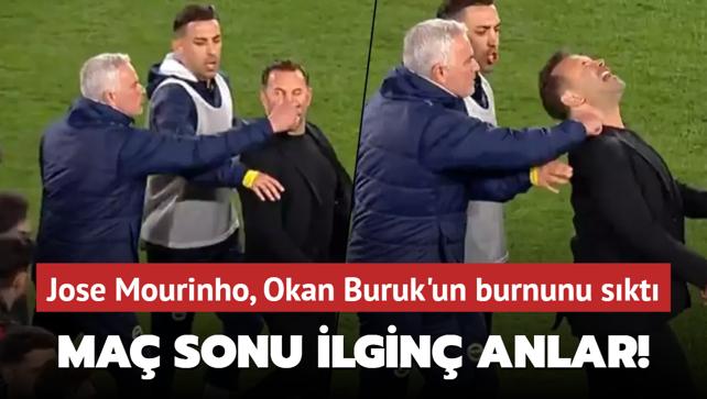 Maç sonu ilginç anlar! Jose Mourinho, Okan Buruk’un burnunu sıktı
